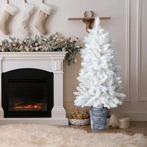 4 FT White Artificial Christmas Tree With Pot Stand, Potted Xmas Pine Tree With 200 Branch Tips For Holiday Party Office Home, White Tree