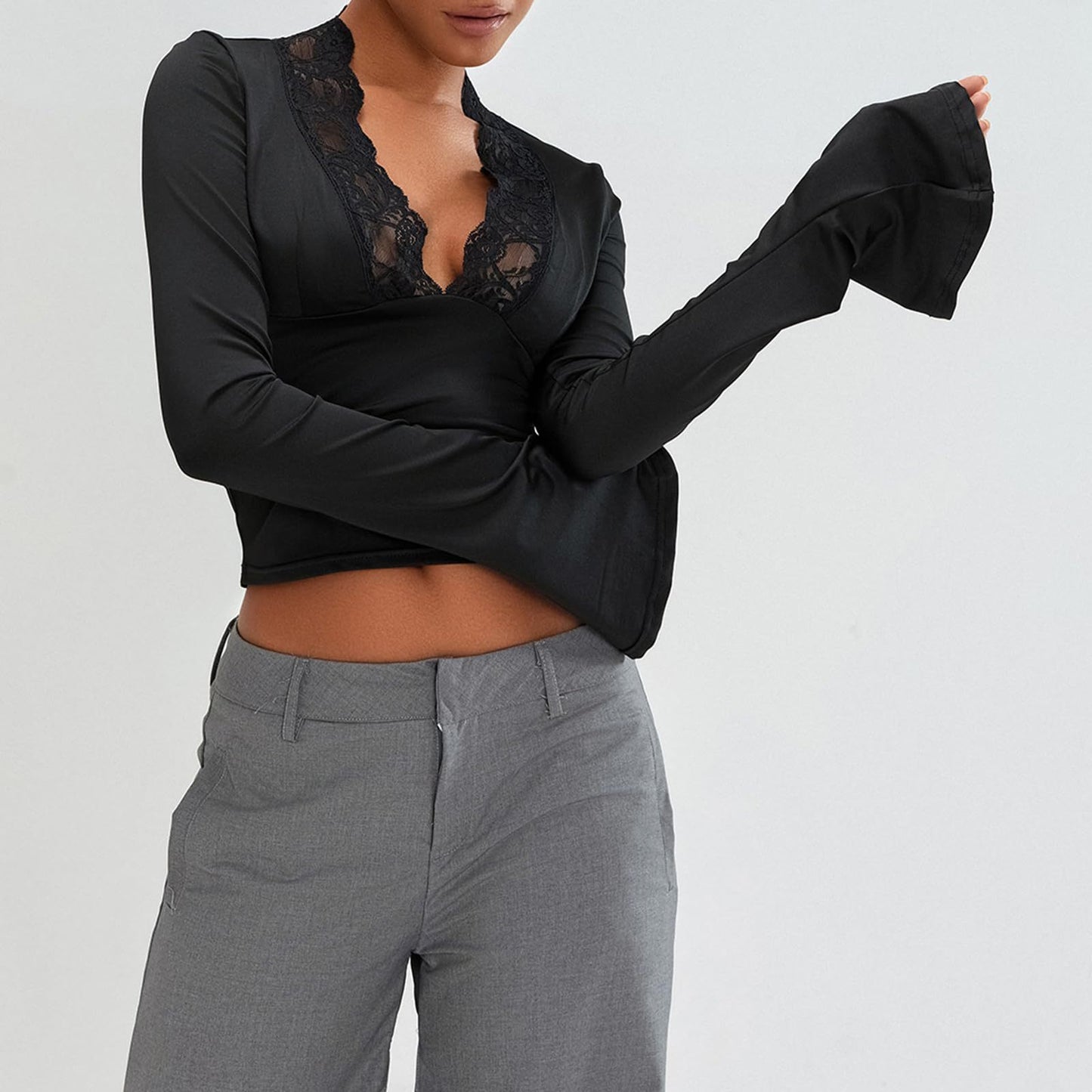 Slim V-Neck Lace Top – Women's Long-Sleeve Fashion Shirt