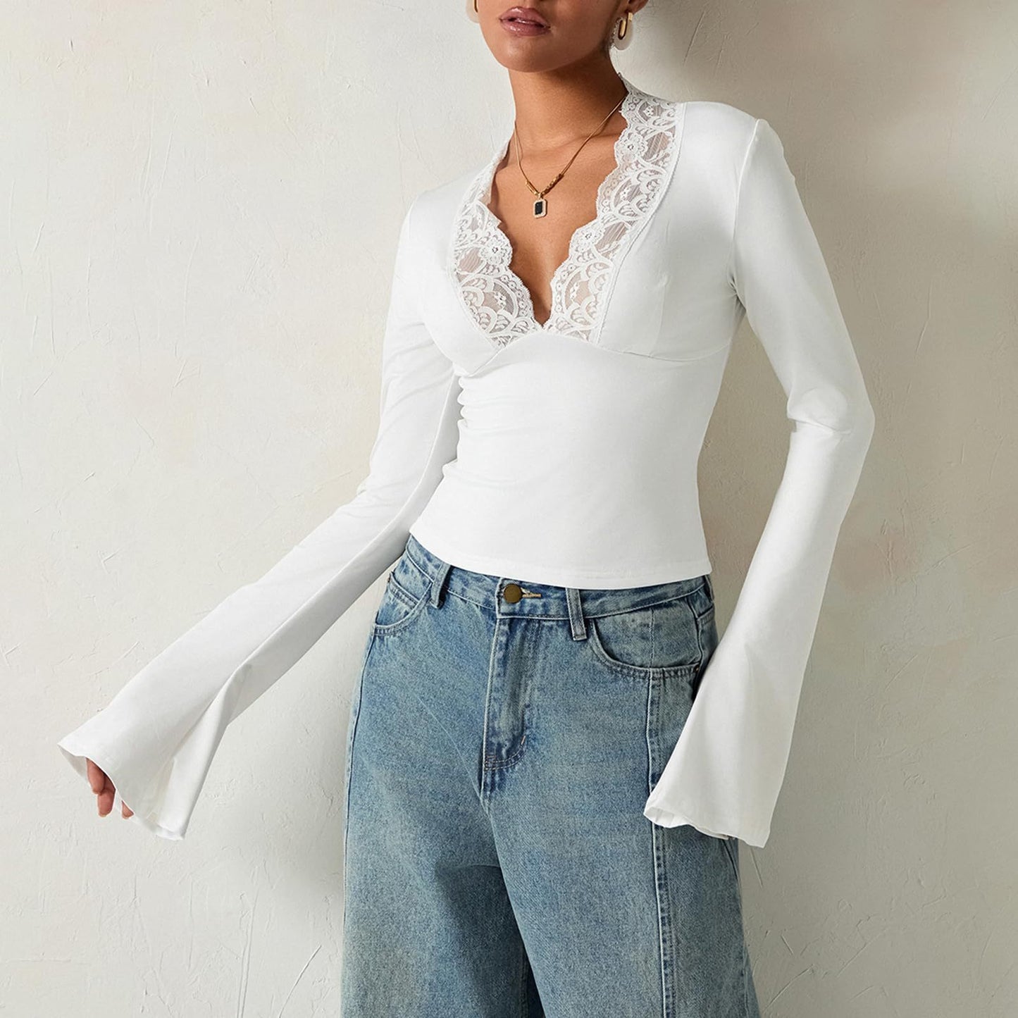 Slim V-Neck Lace Top – Women's Long-Sleeve Fashion Shirt