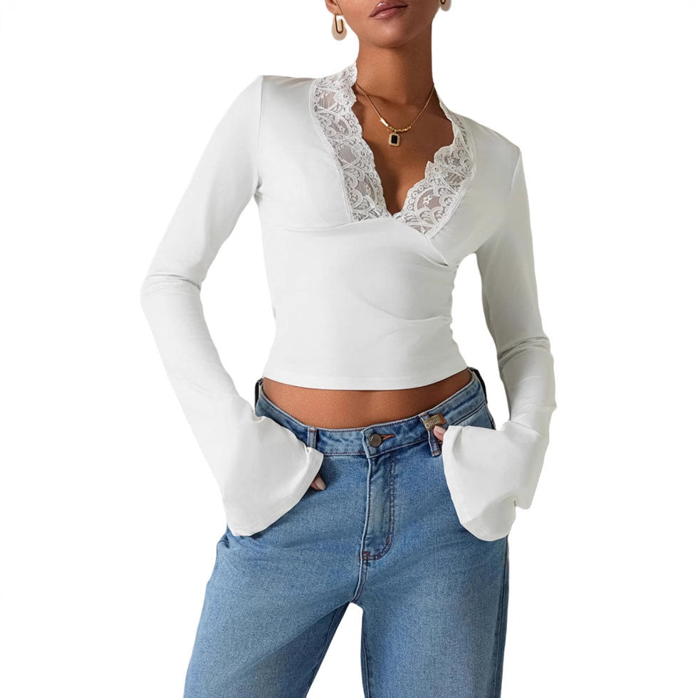 Slim V-Neck Lace Top – Women's Long-Sleeve Fashion Shirt