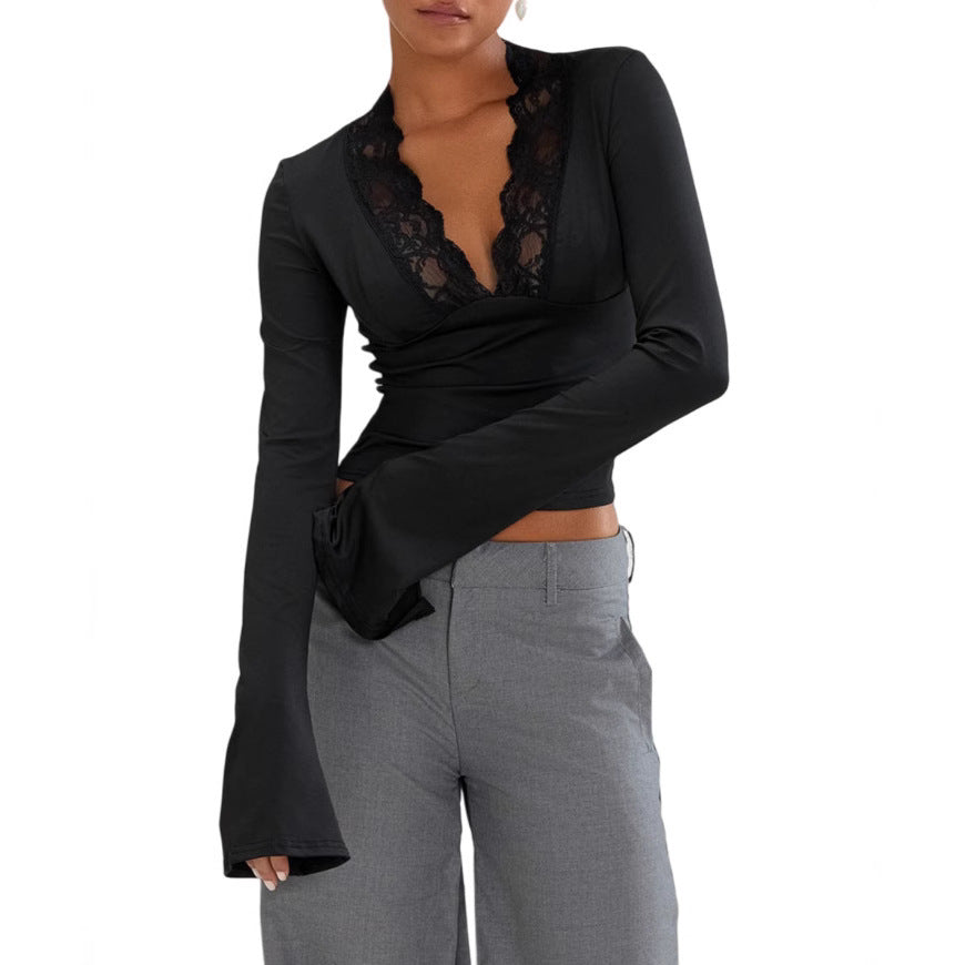 Slim V-Neck Lace Top – Women's Long-Sleeve Fashion Shirt