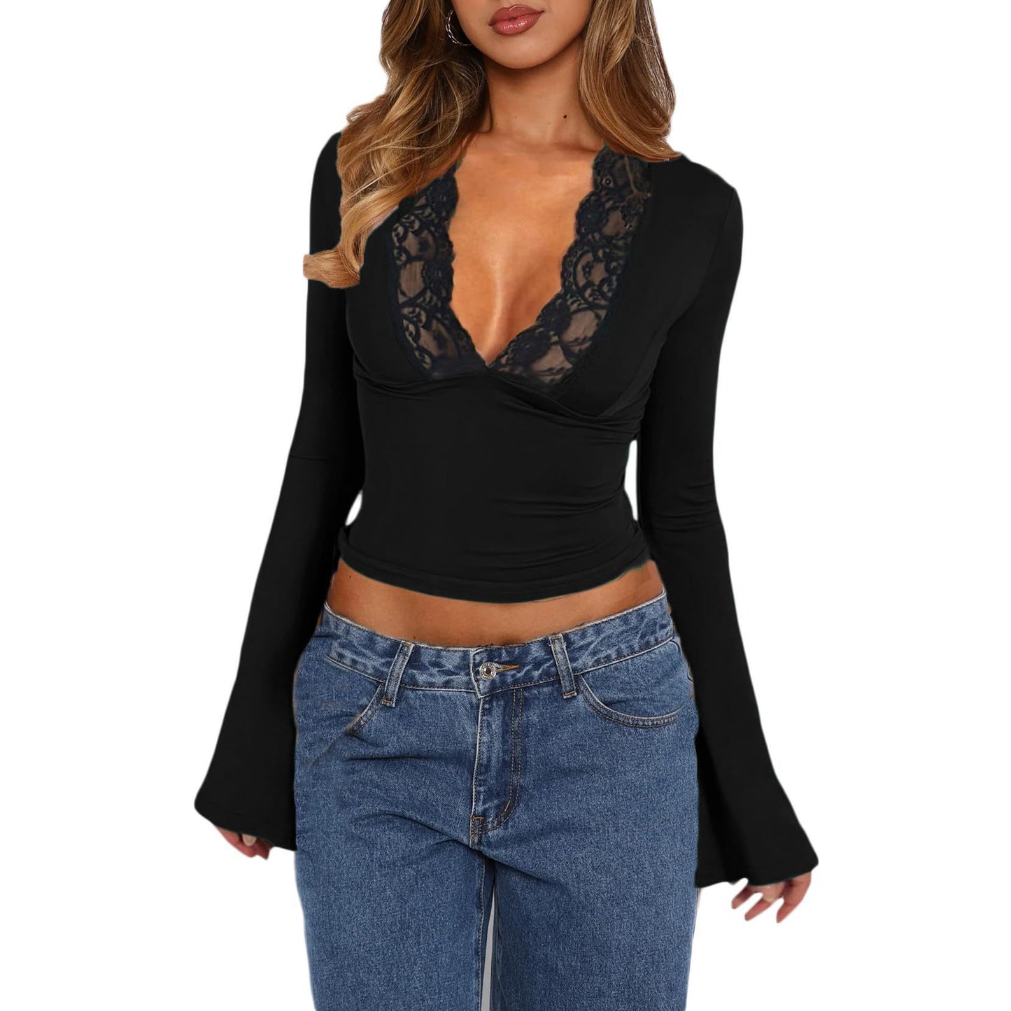 Slim V-Neck Lace Top – Women's Long-Sleeve Fashion Shirt